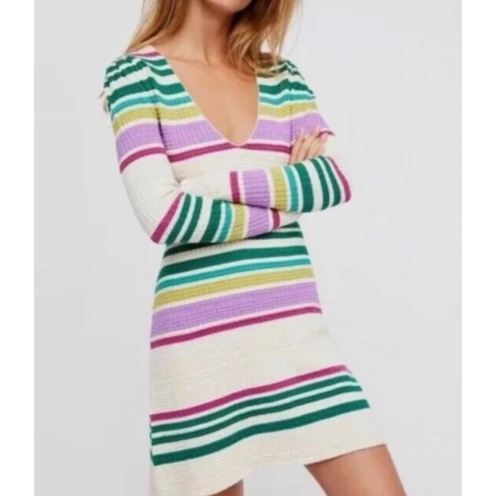 Free People Sweater Dress Womens M Multi Color Striped V-Neck Long Sleeve Mini